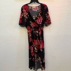 KorMei Women’s Floral Wrap Dress Size L Black Red Pink Boho Midi Short Sleeve